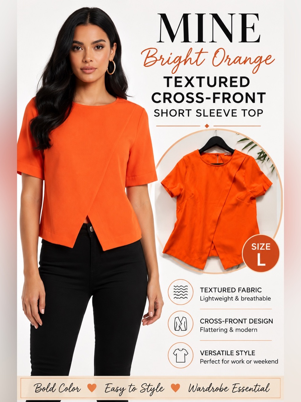 Bright Orange Textured Cross Front Blouse Top Size Large